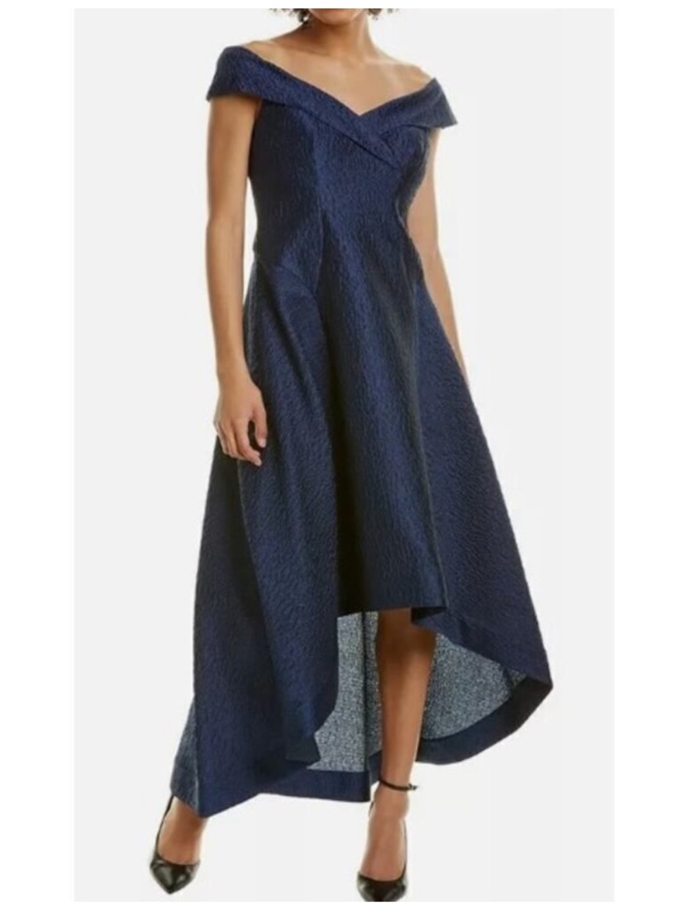 Rickie Freeman for Teri Jon Off-the- Shoulder High Low Navy Jacquard Gown S 14 - Picture 2 of 9